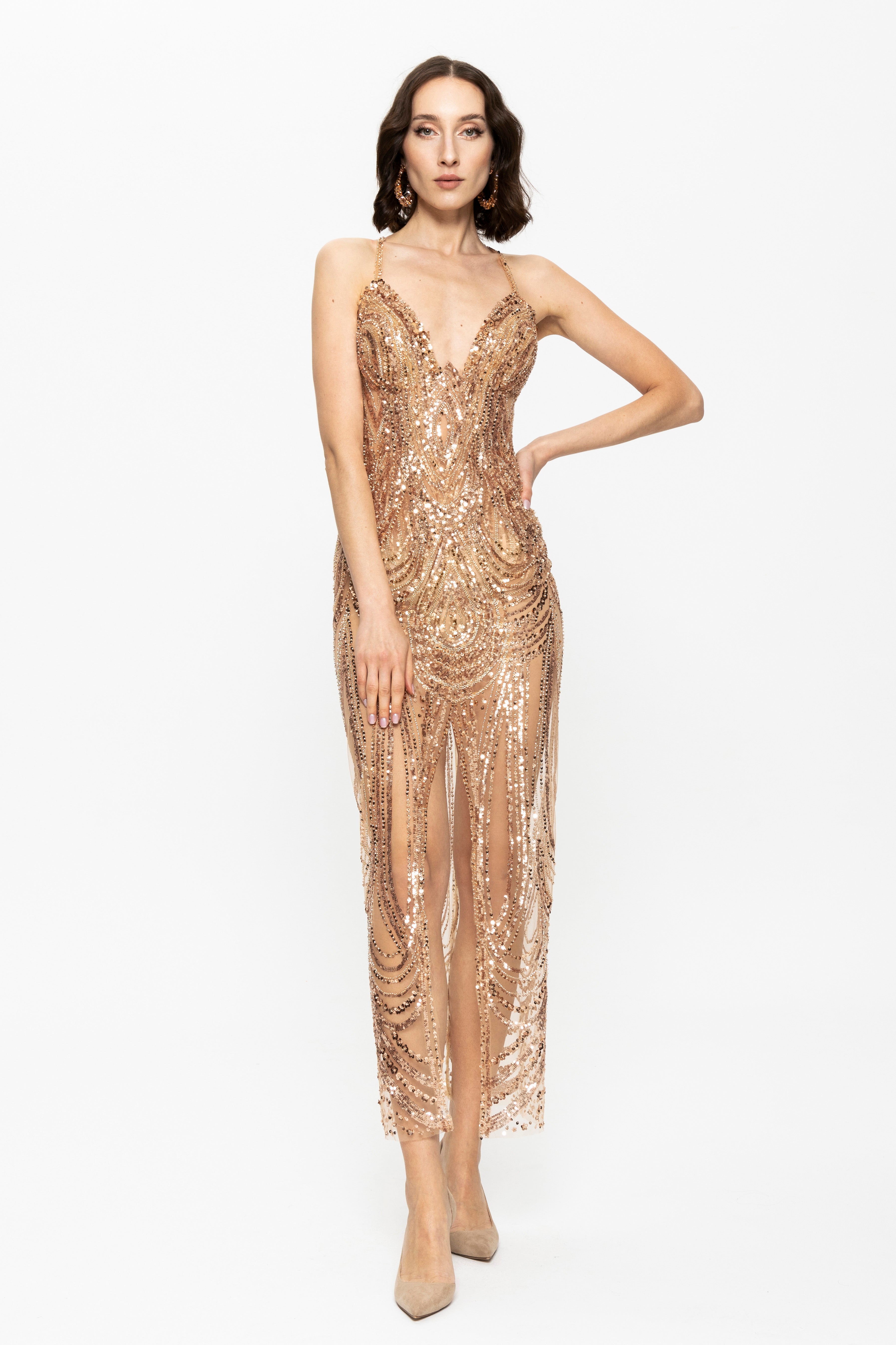 Gold Beads Embellished Evening Evening Gown