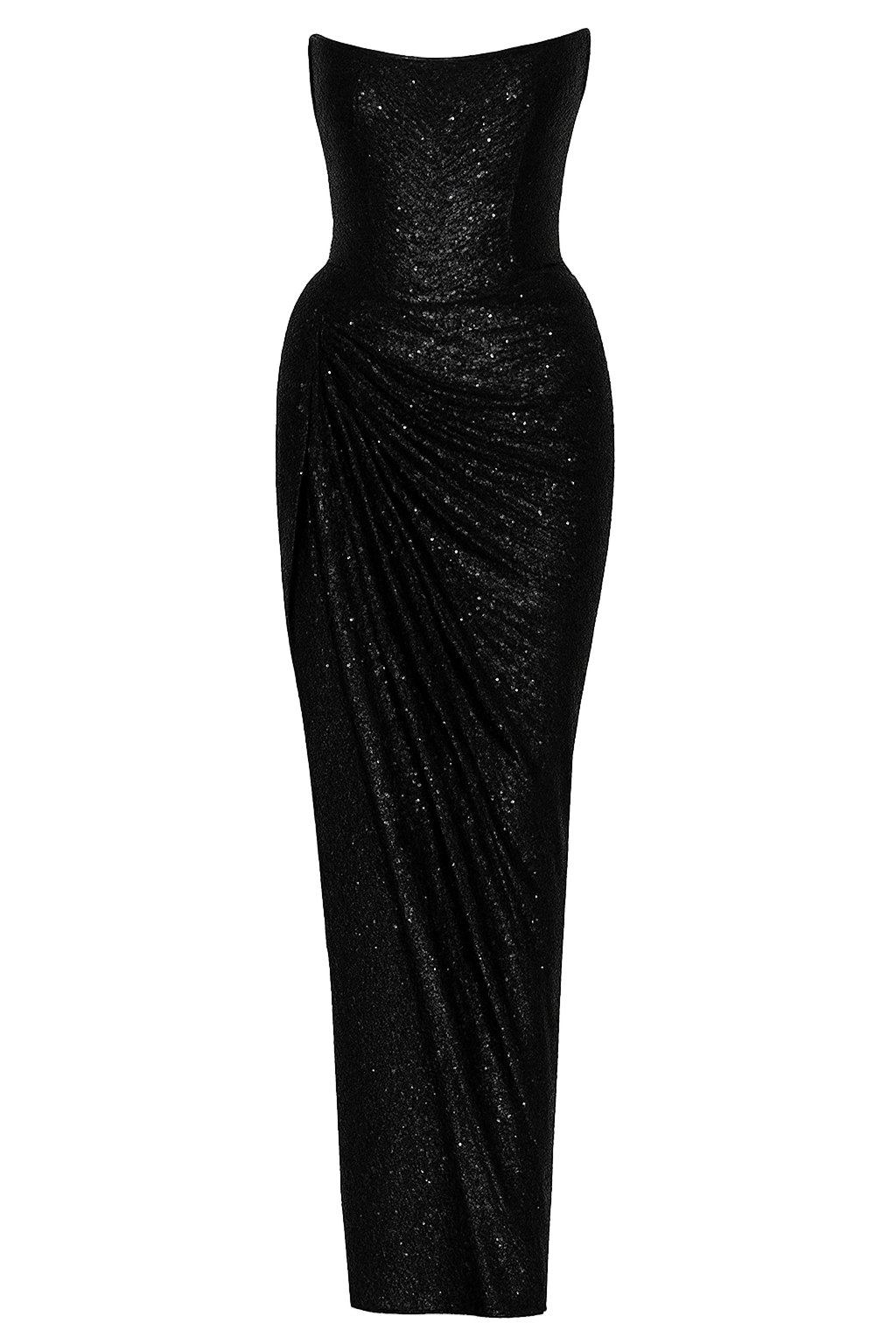 Black strapless gown with draped design on a white background