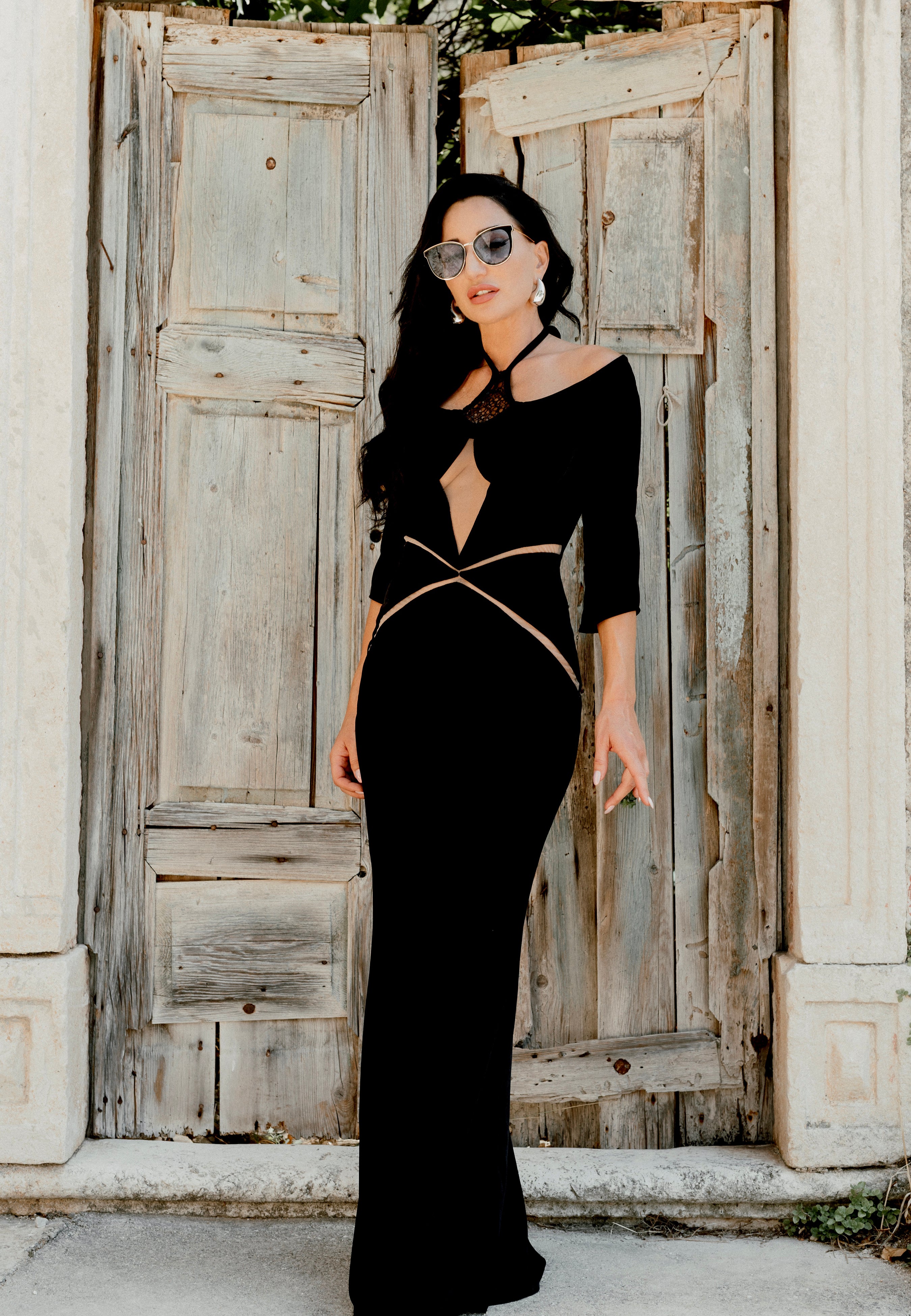 Glam Witch Black Velvet Evening Gown With Cuttings