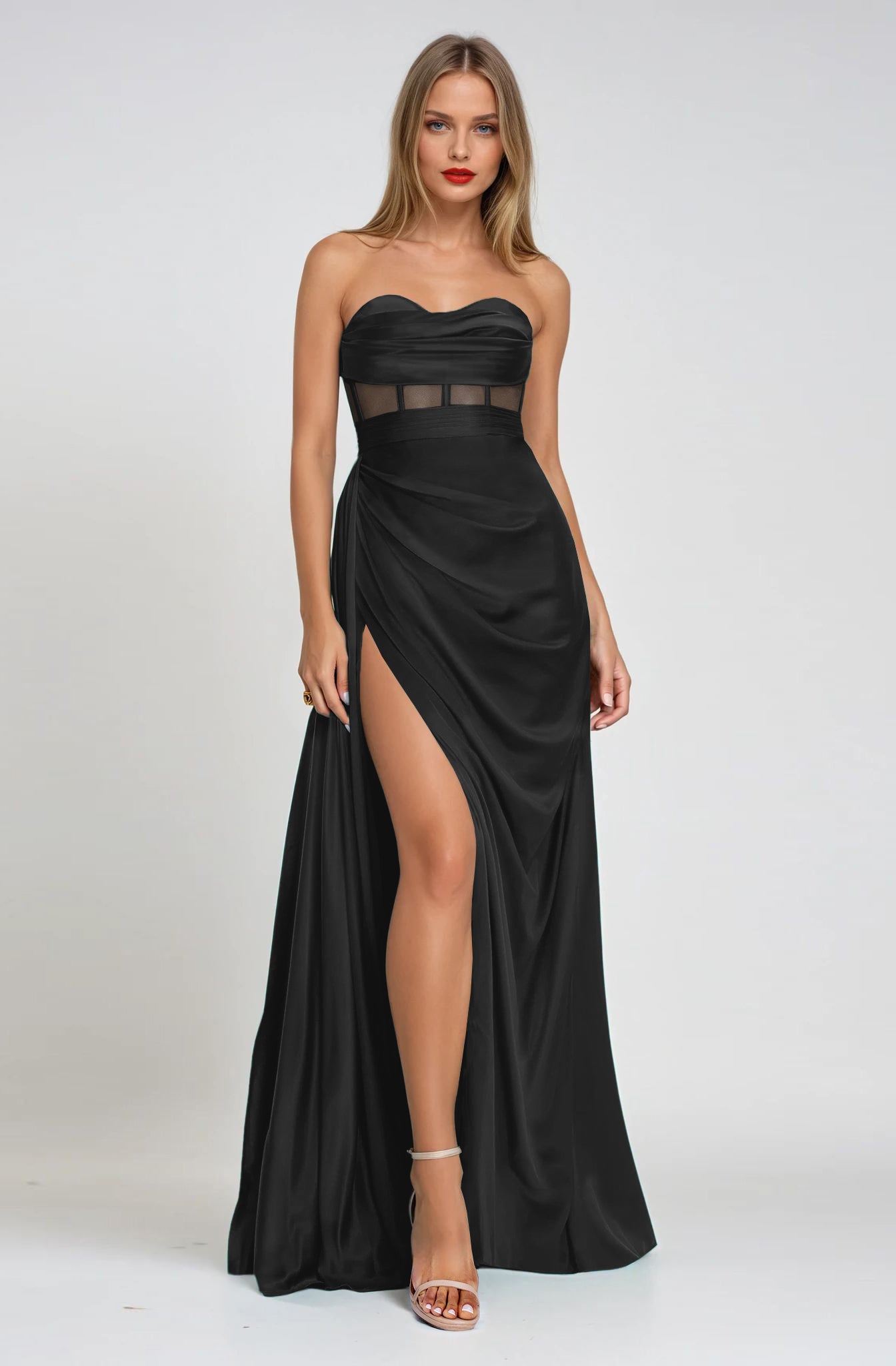Black Corset Gown High Slit Satin Evening Dress | Angelika Jozefczyk Black Corset Gown High Slit Satin Evening Dress | Angelika Jozefczyk