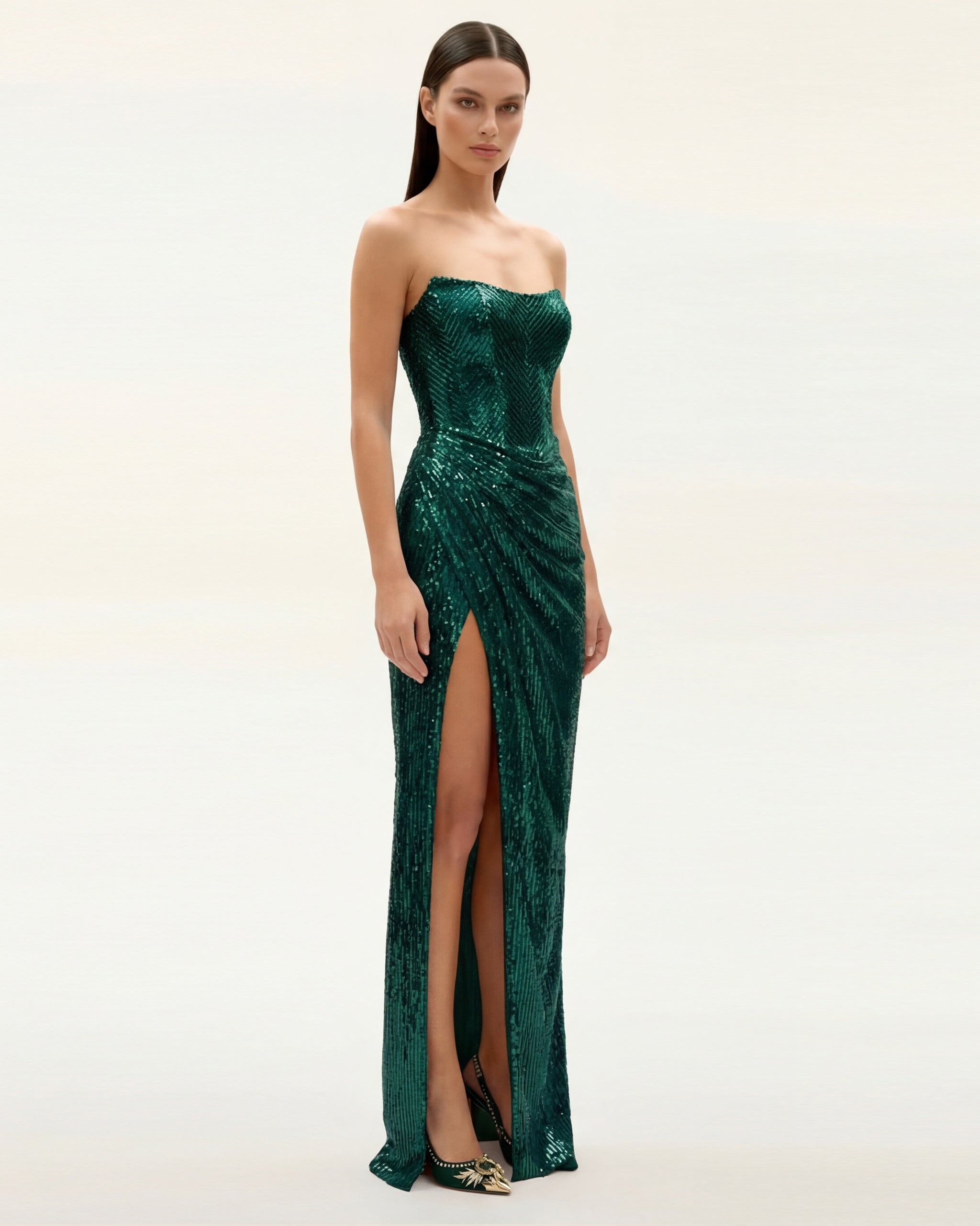 Gaia Sequin Evening Gown Emerald Green