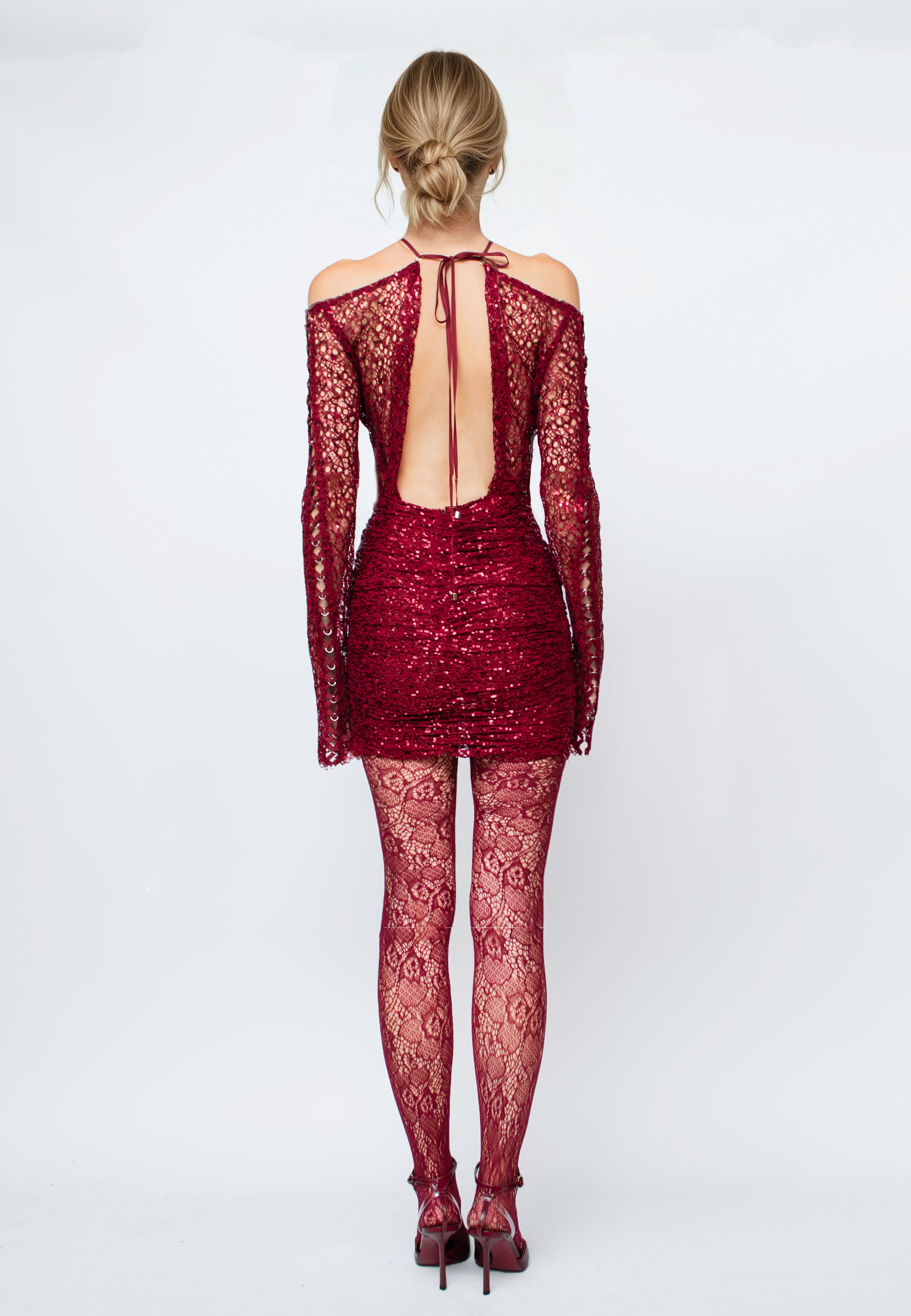 Mini Embroidered Lace Dress Glam Witch Burgundy
