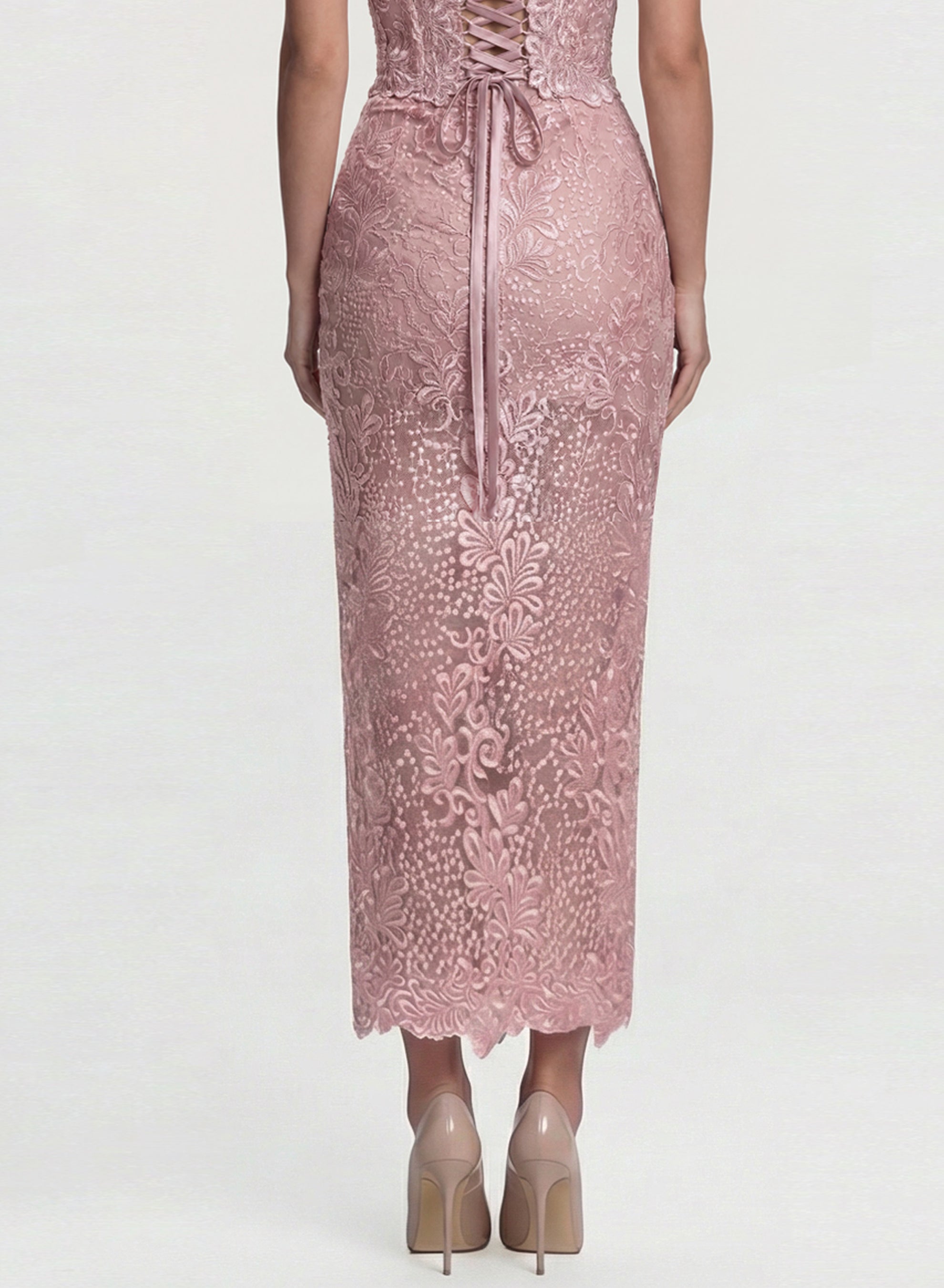 Back view of Orchidea guipure lace maxi skirt with back slit, semi-sheer lace and refined tailoring atelier Angelika Jozefczyk