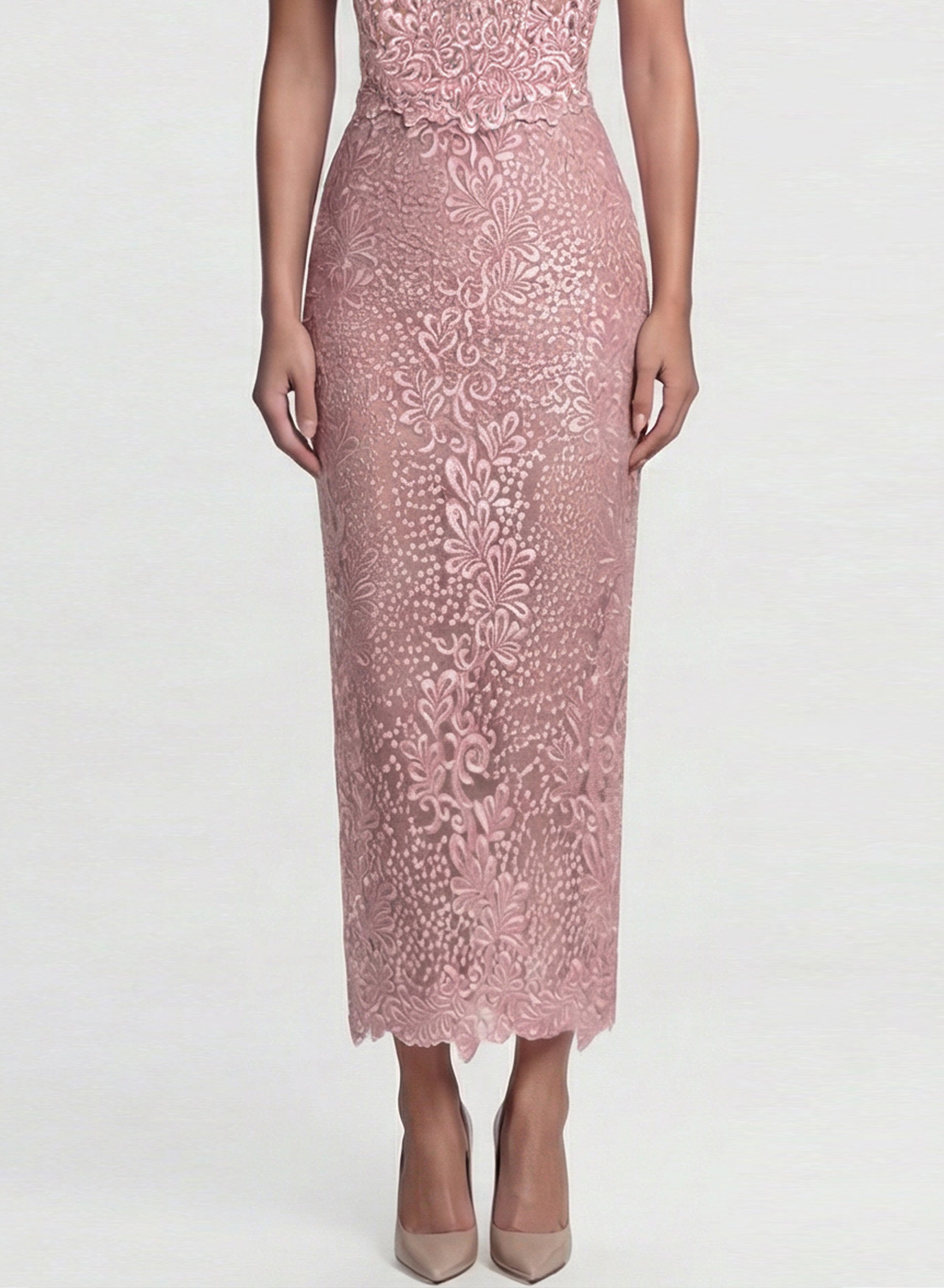 Orchidea guipure lace midi skirt in dusty pink, semi-sheer lace, elegant silhouette, luxury womenswear by Atelier Angelika Jozefczyk