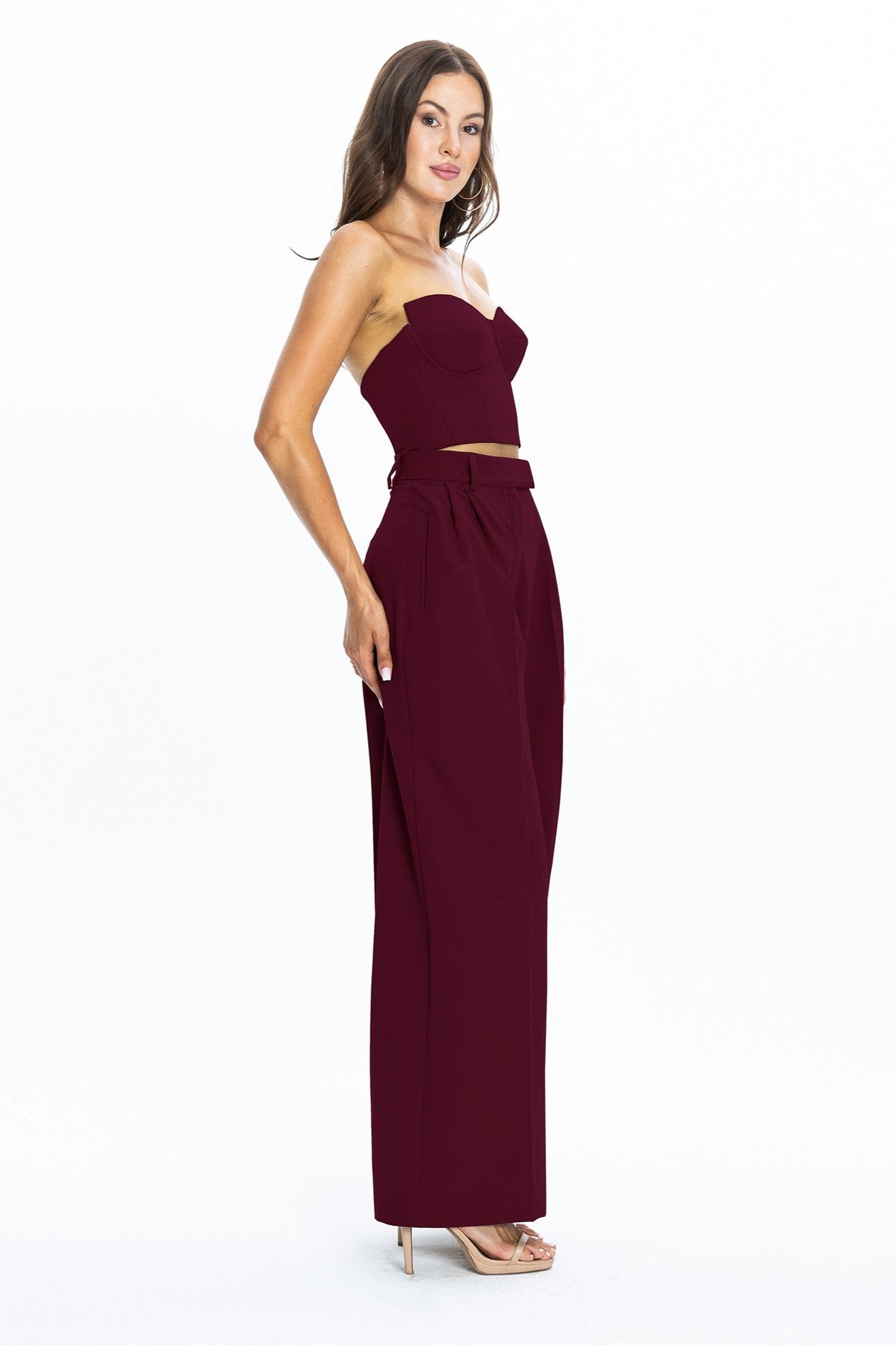 Sanremo High-Rise Wide-Leg Suit Pants Burgundy