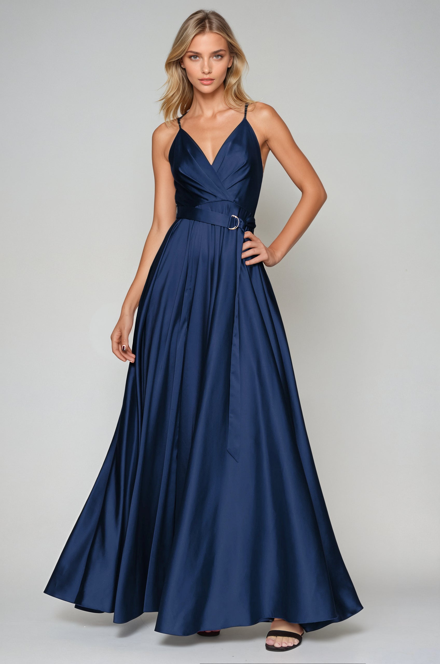 Satin Long Dress Tied Back Navy