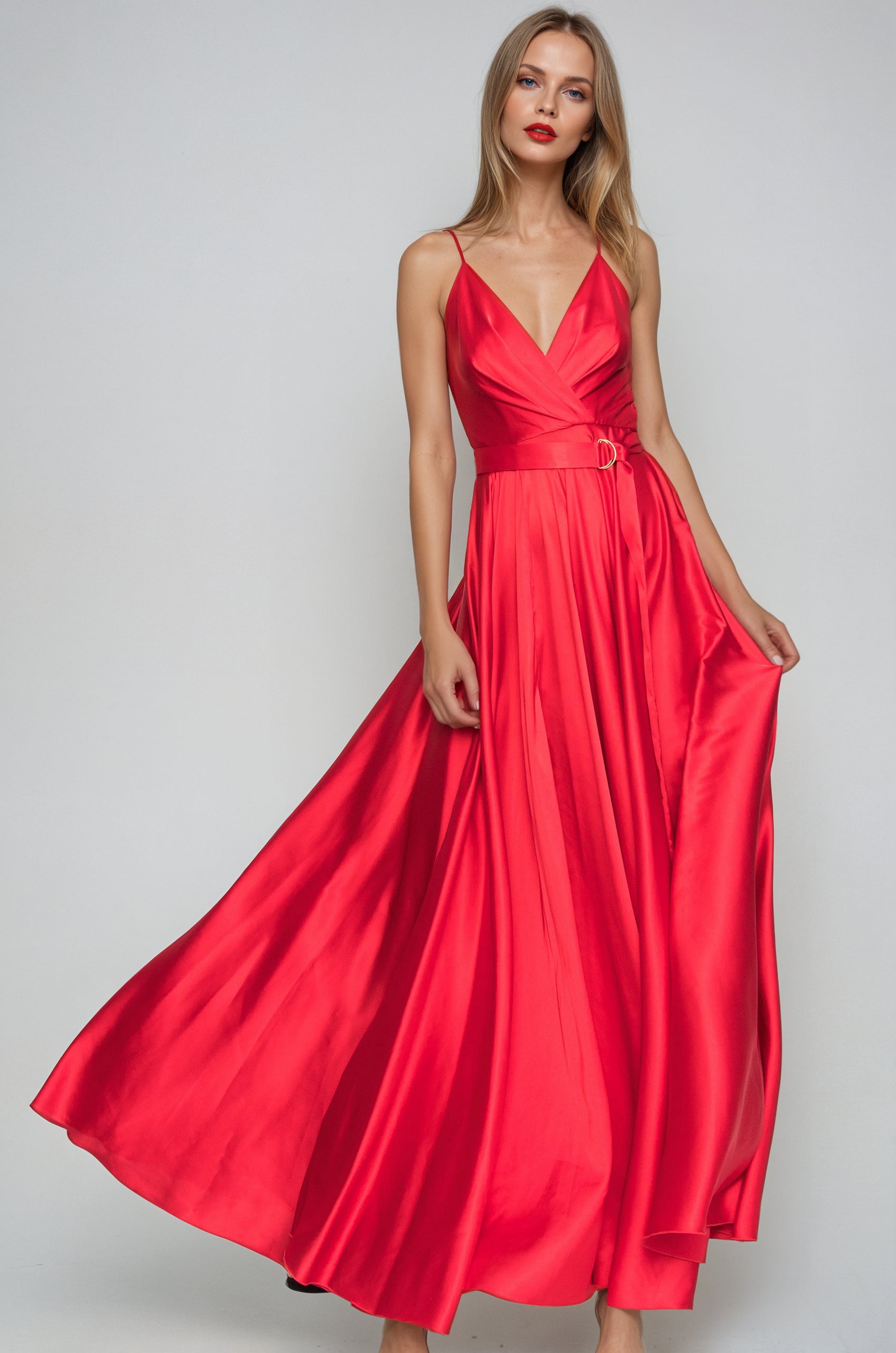 Satin Long Dress Tied Back Red Satin Long Dress Tied Back Red
