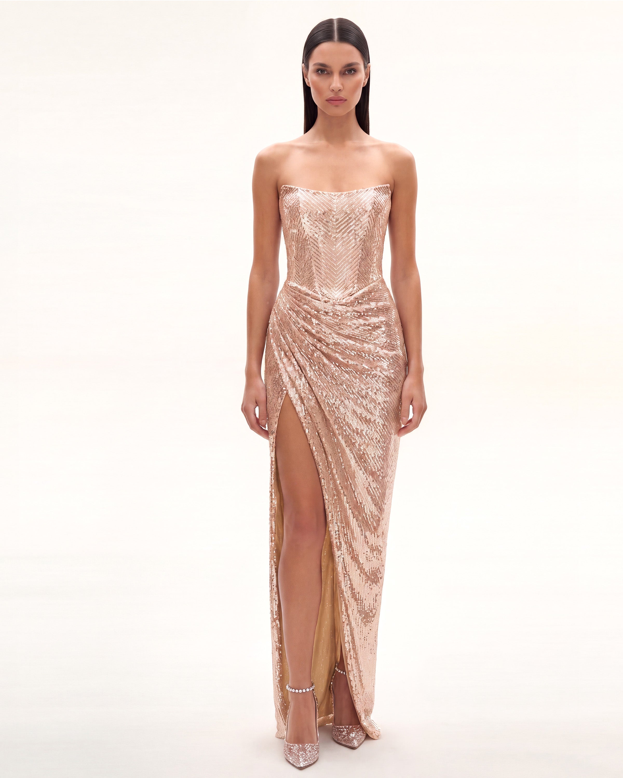Gaia Sequin Evening Gown Rose Gold