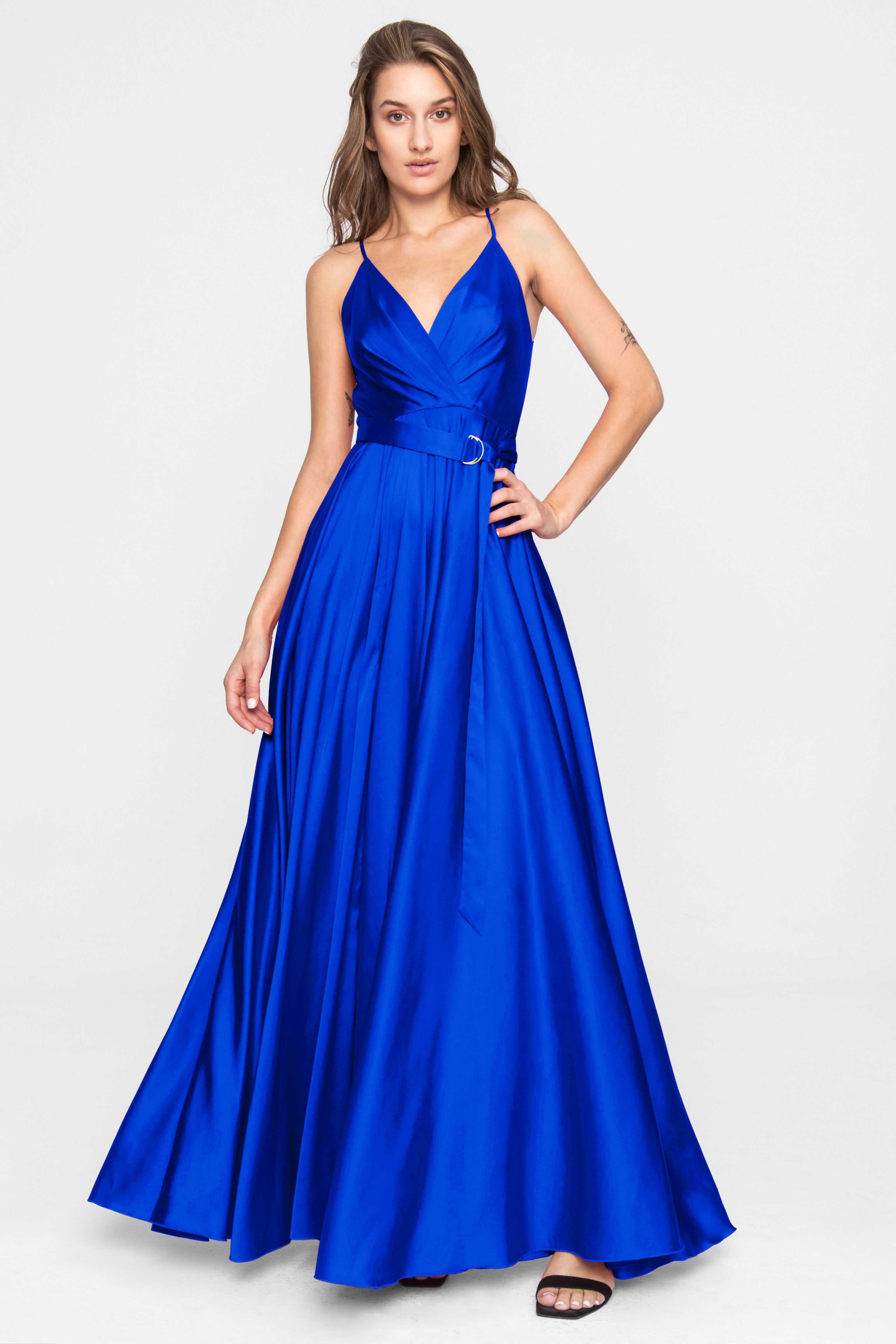 Satin Long Dress Tied back Blue