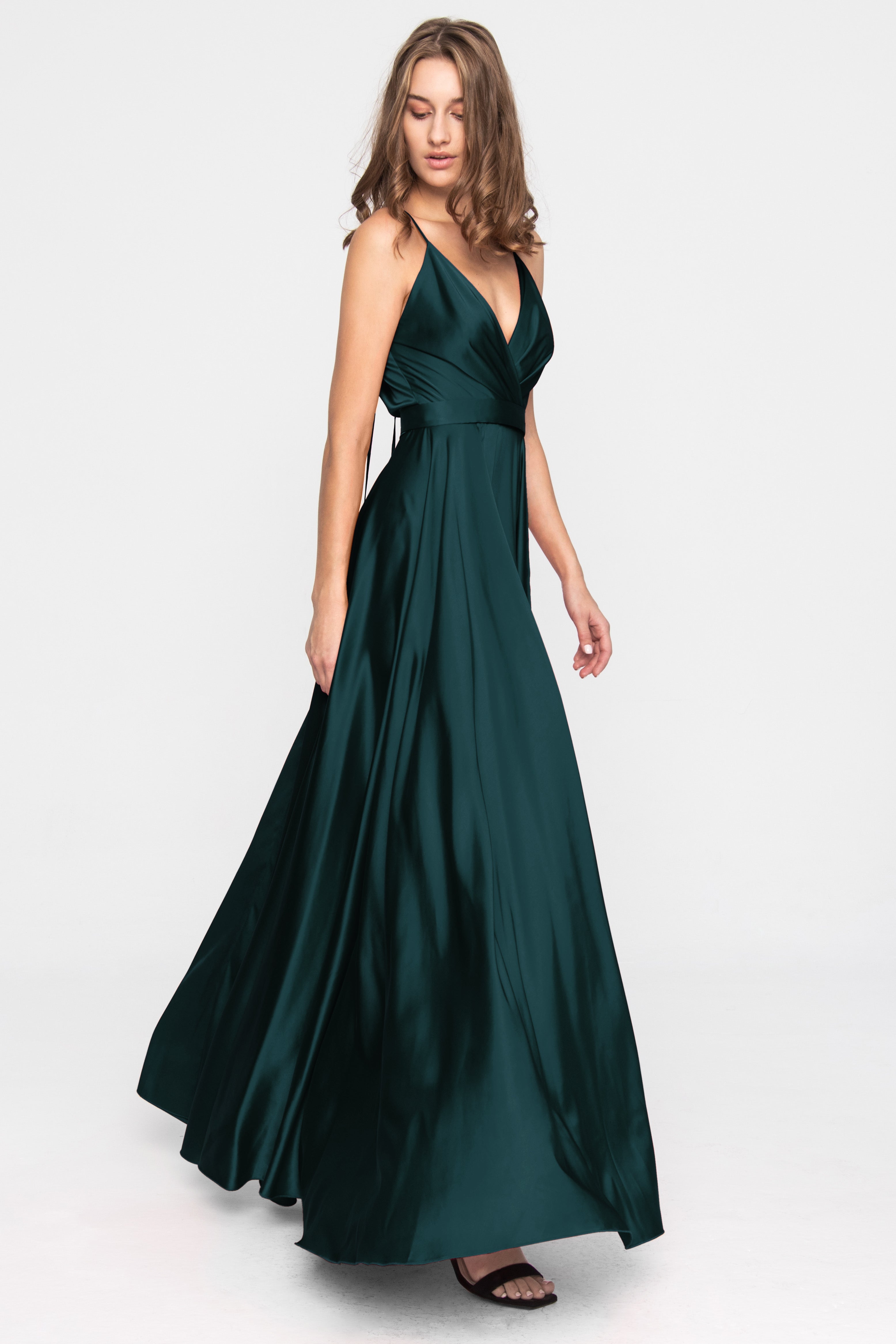Satin Long Dress Tied back Emerald green