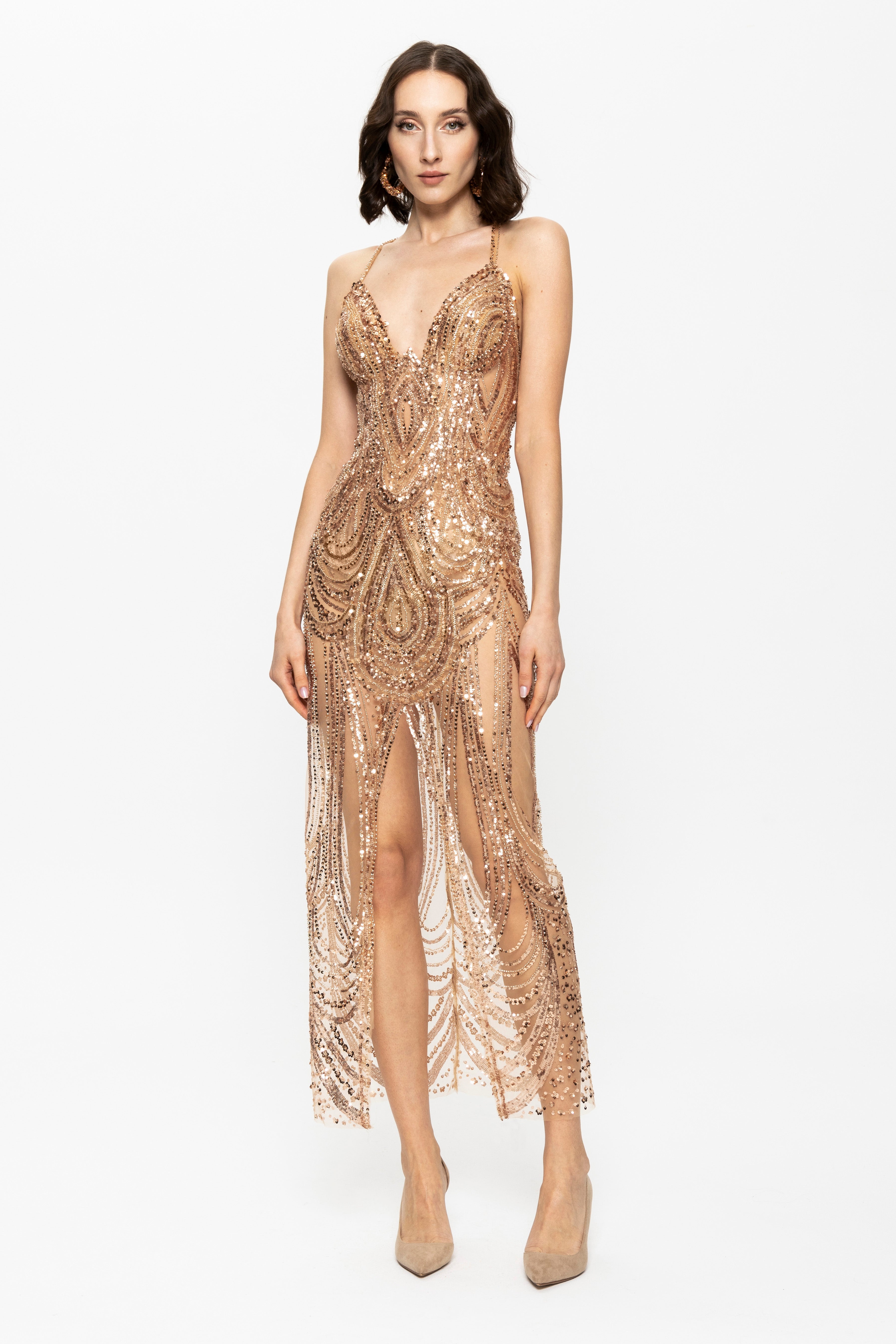 Gold Beads Embellished Evening Evening Gown
