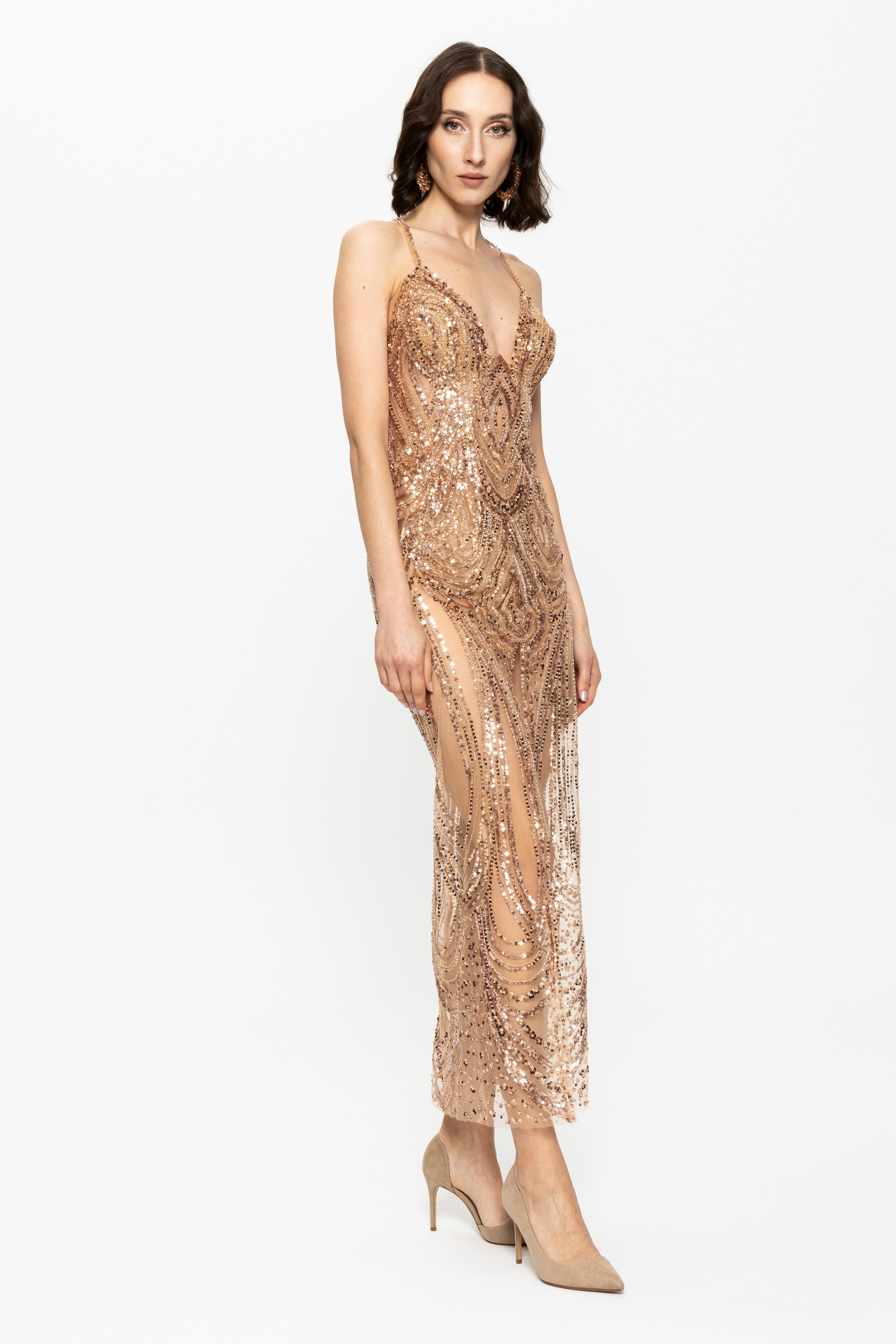 Gold Beads Embellished Evening Evening Gown