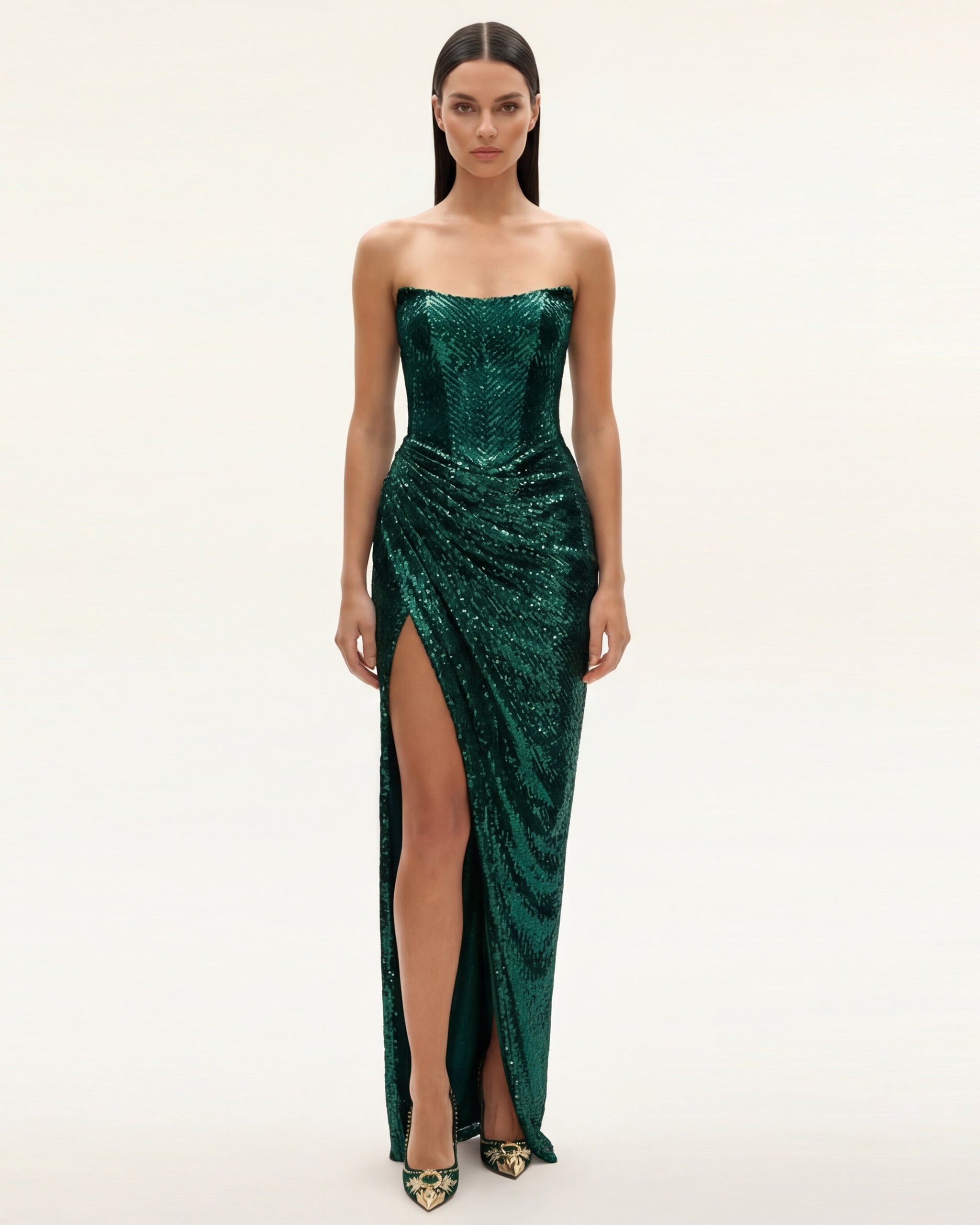 Gaia Sequin Evening Gown Emerald Green
