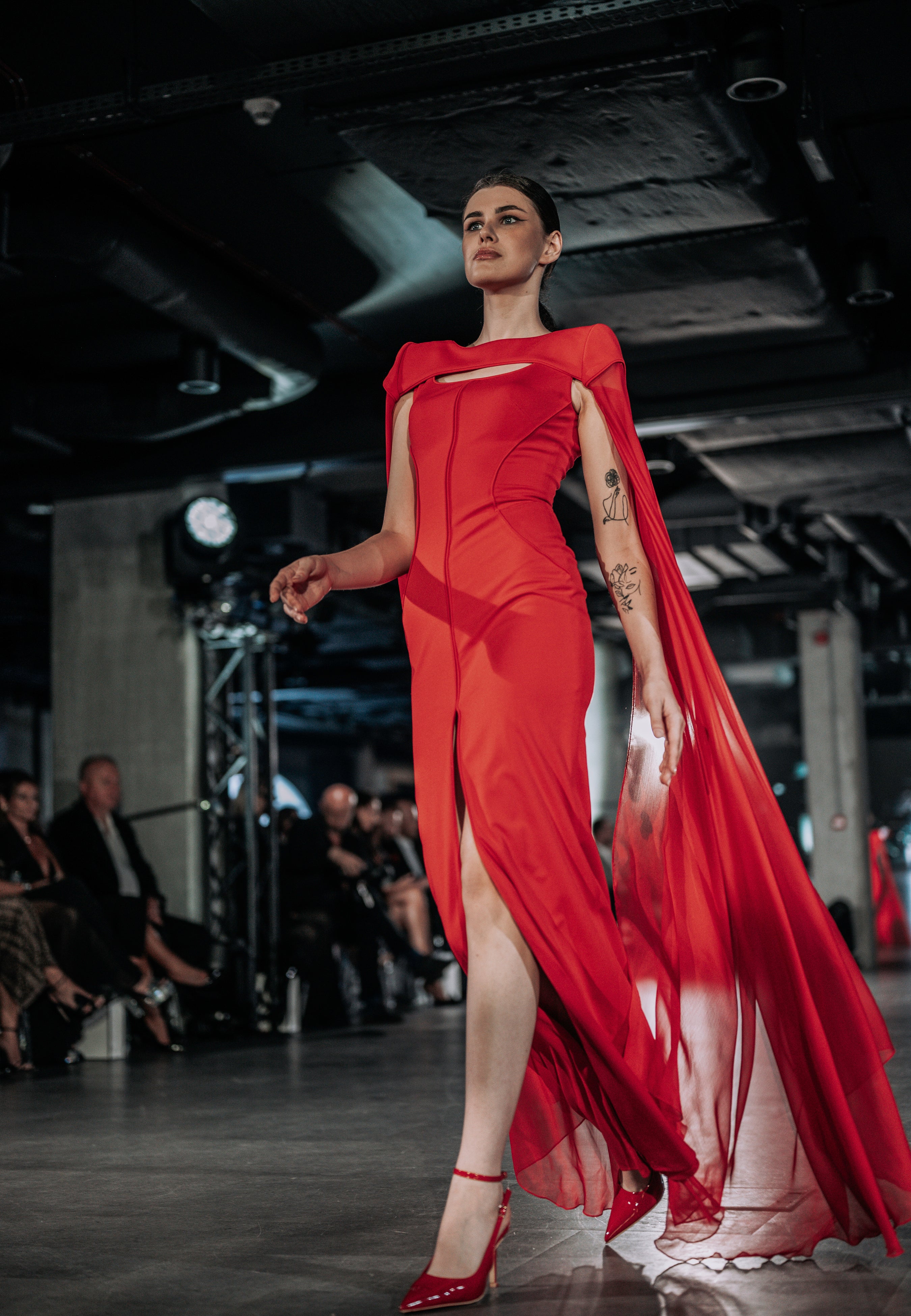 Red Cocktail Dress with Cut-Outs and Cape– Glam Witch Collection