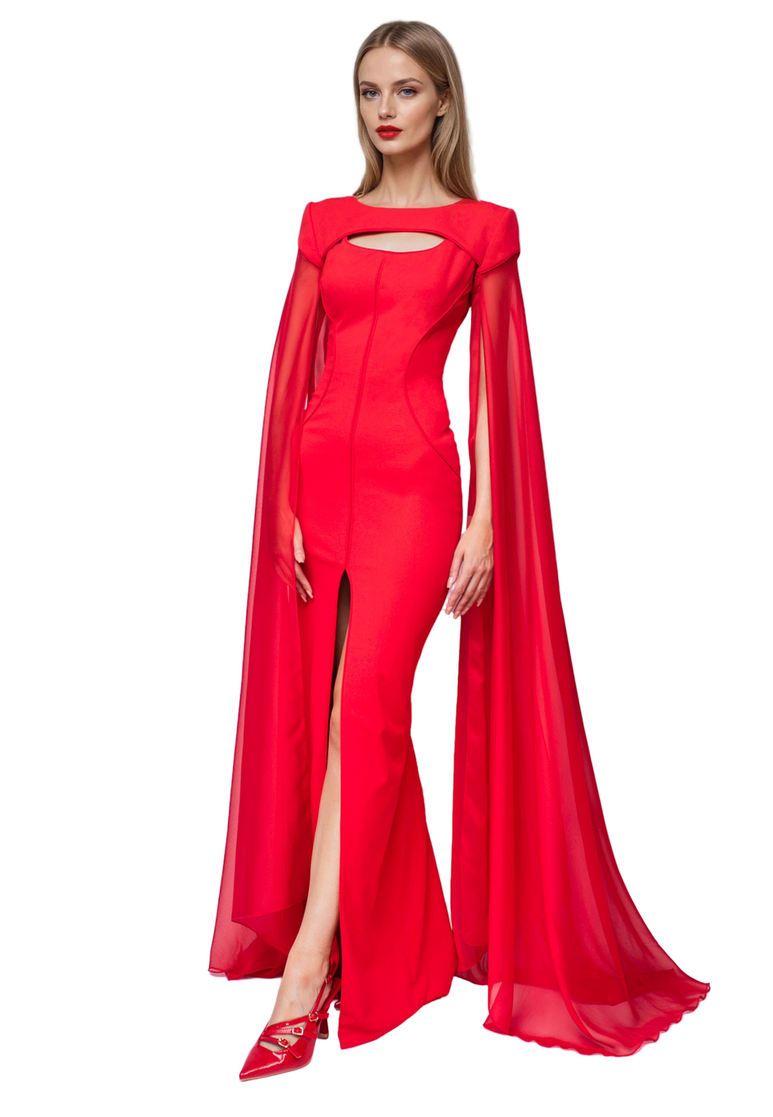 Red Cocktail Dress with Cut-Outs and Cape– Glam Witch Collection