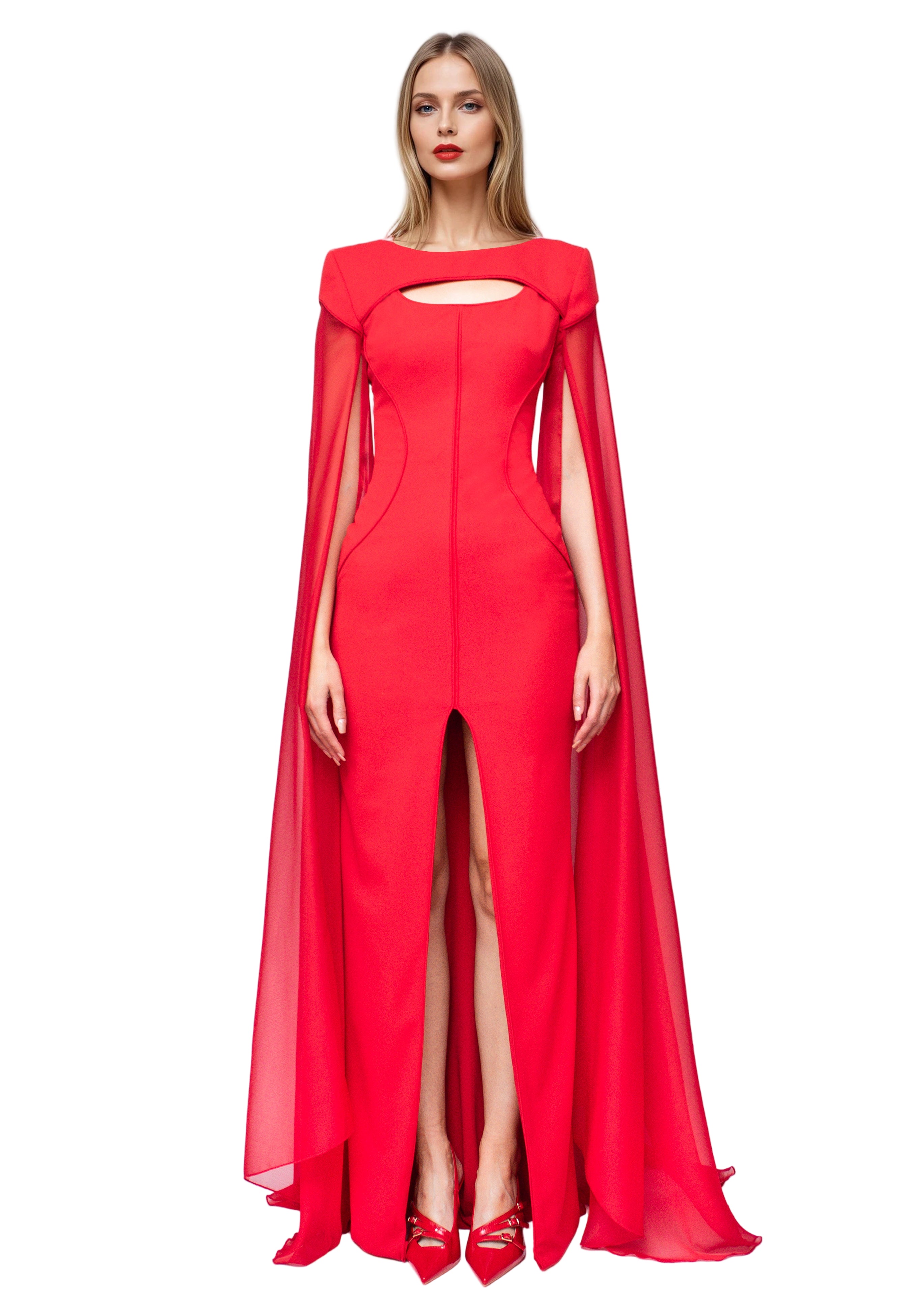 Red Cocktail Dress with Cut-Outs and Cape– Glam Witch Collection