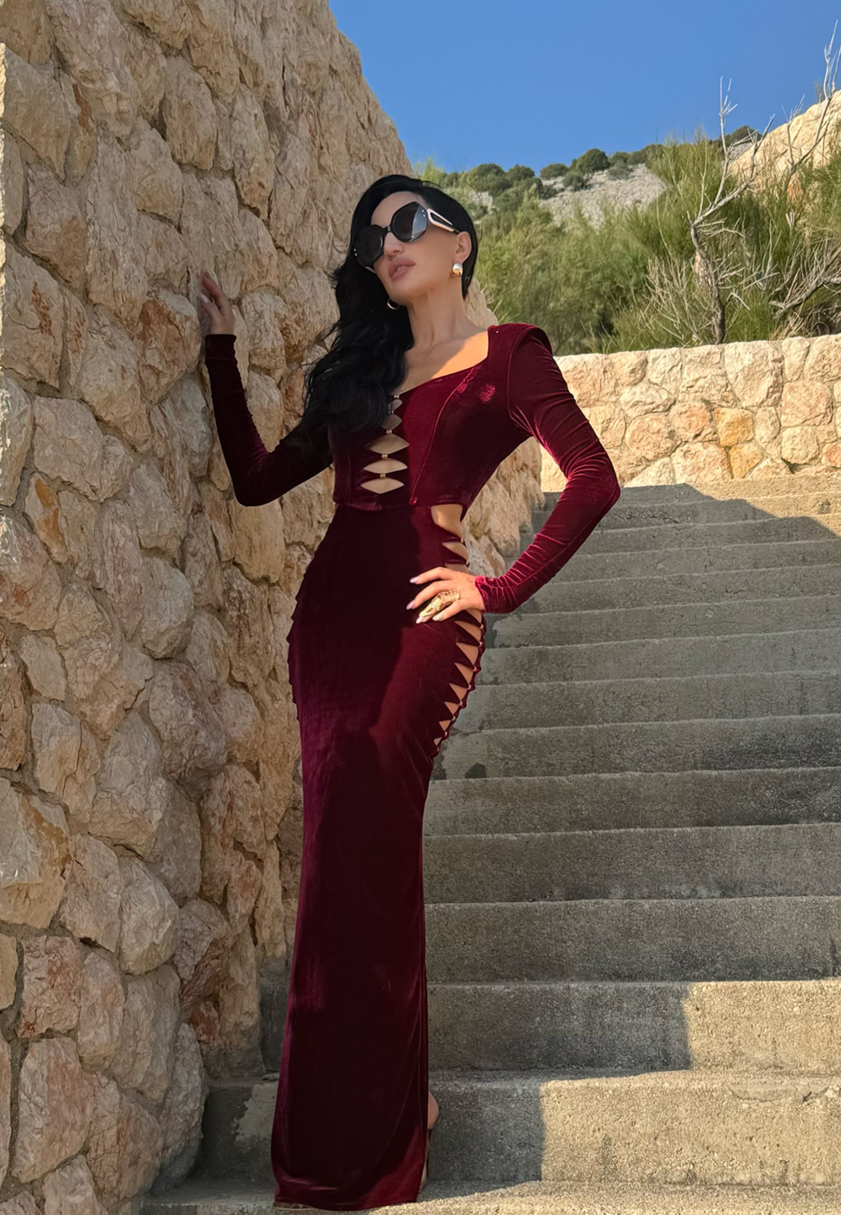 Velvet Dress With Cuttings Glam Witch Burgundy