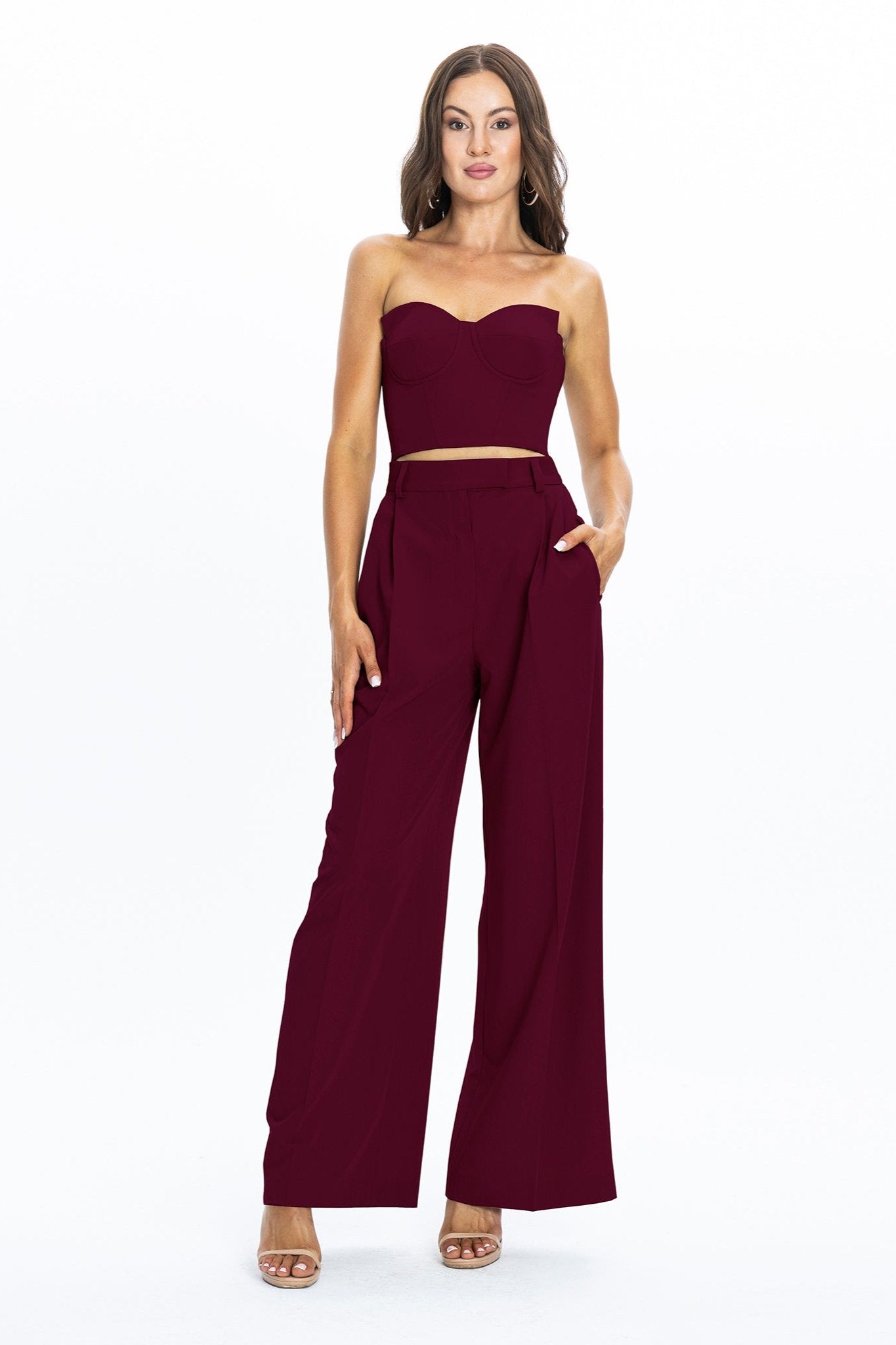 Sanremo High-Rise Wide-Leg Suit Pants Burgundy 2