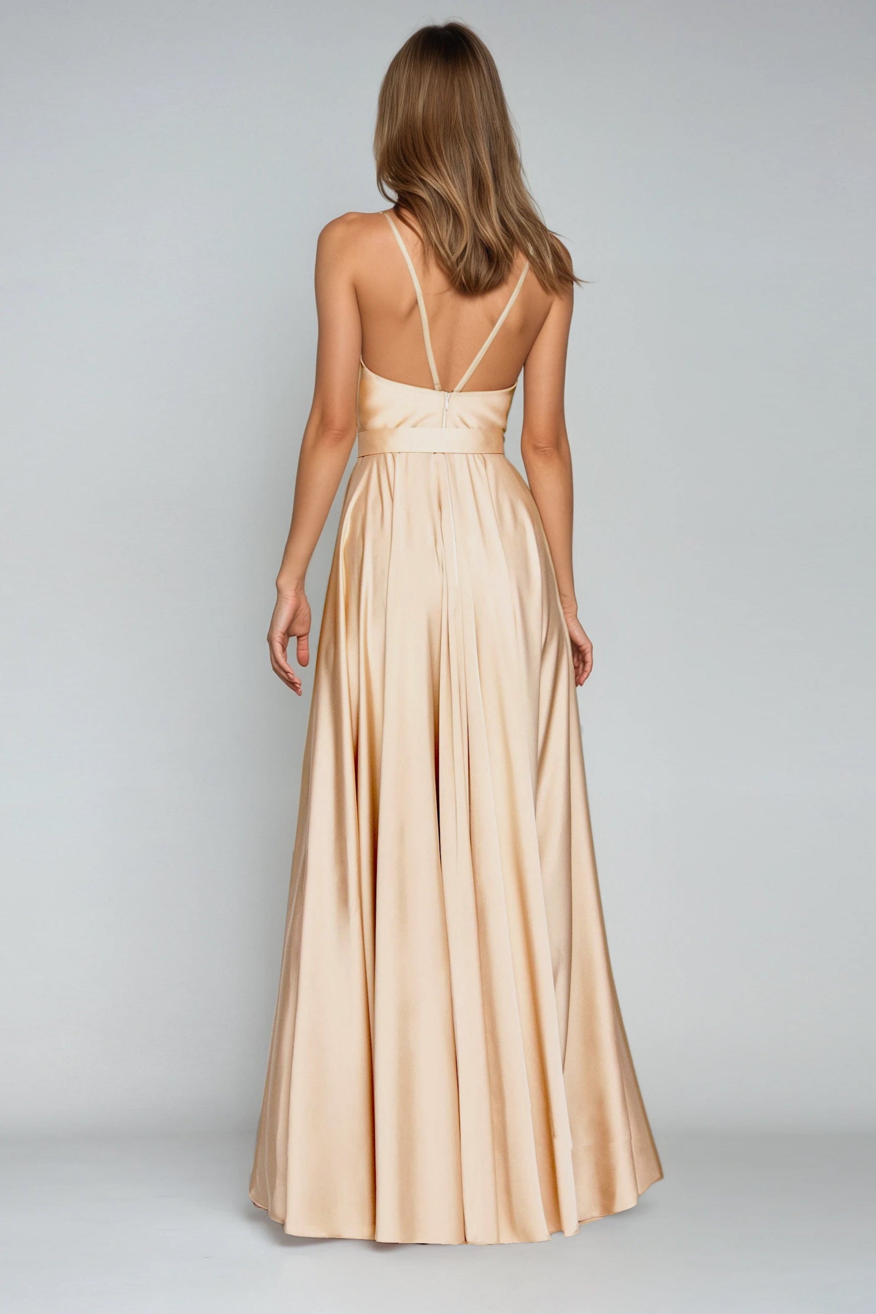 Satin long dress open back Beige AngelikaJozefczyk_back