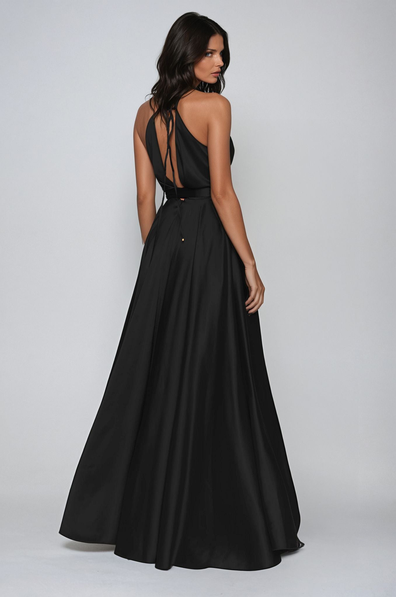 Satin Long Dress Tied Back Black