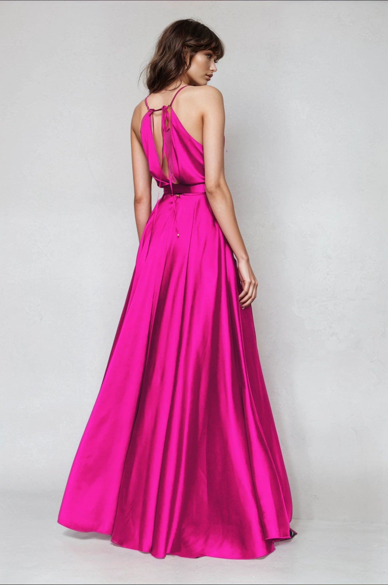 Satin Long Dress Tied Back Fuchsia