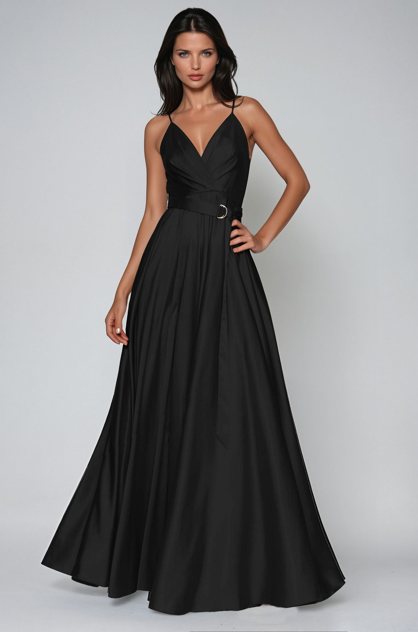 Satin Long Dress Tied Back Black