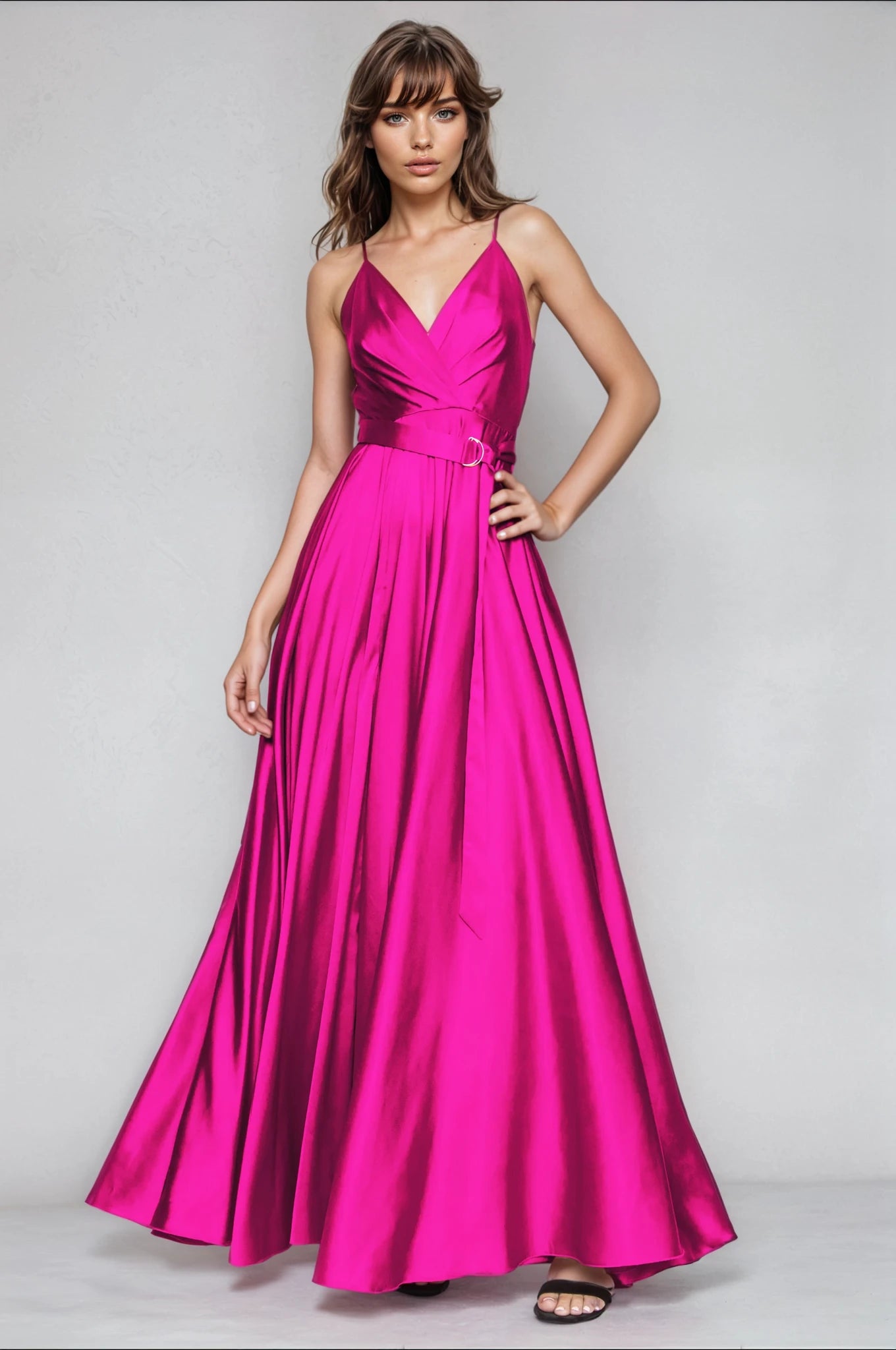 Satin Long Dress Tied Back Fuchsia