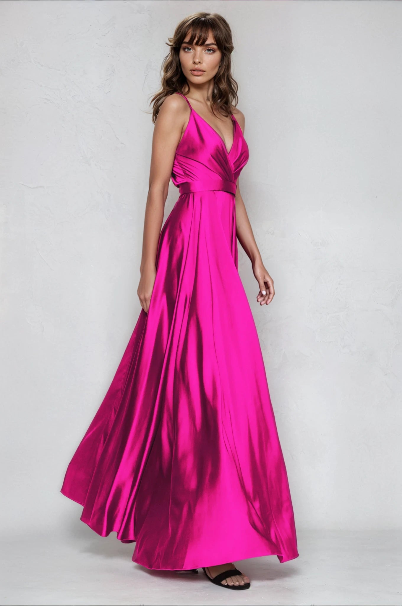 Satin Long Dress Tied Back Fuchsia