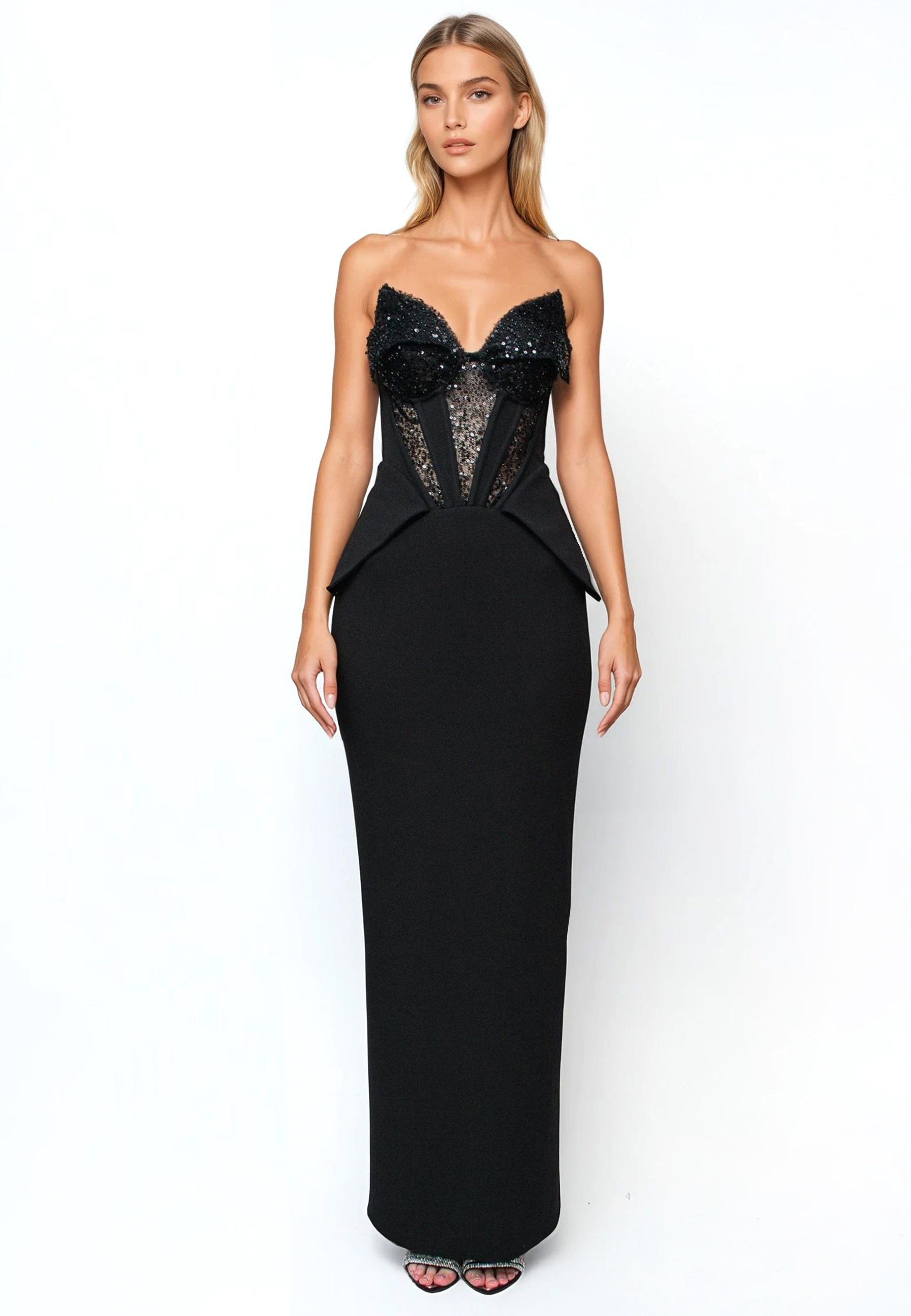 Glam Witch Embellished Corset Evening Gown Black