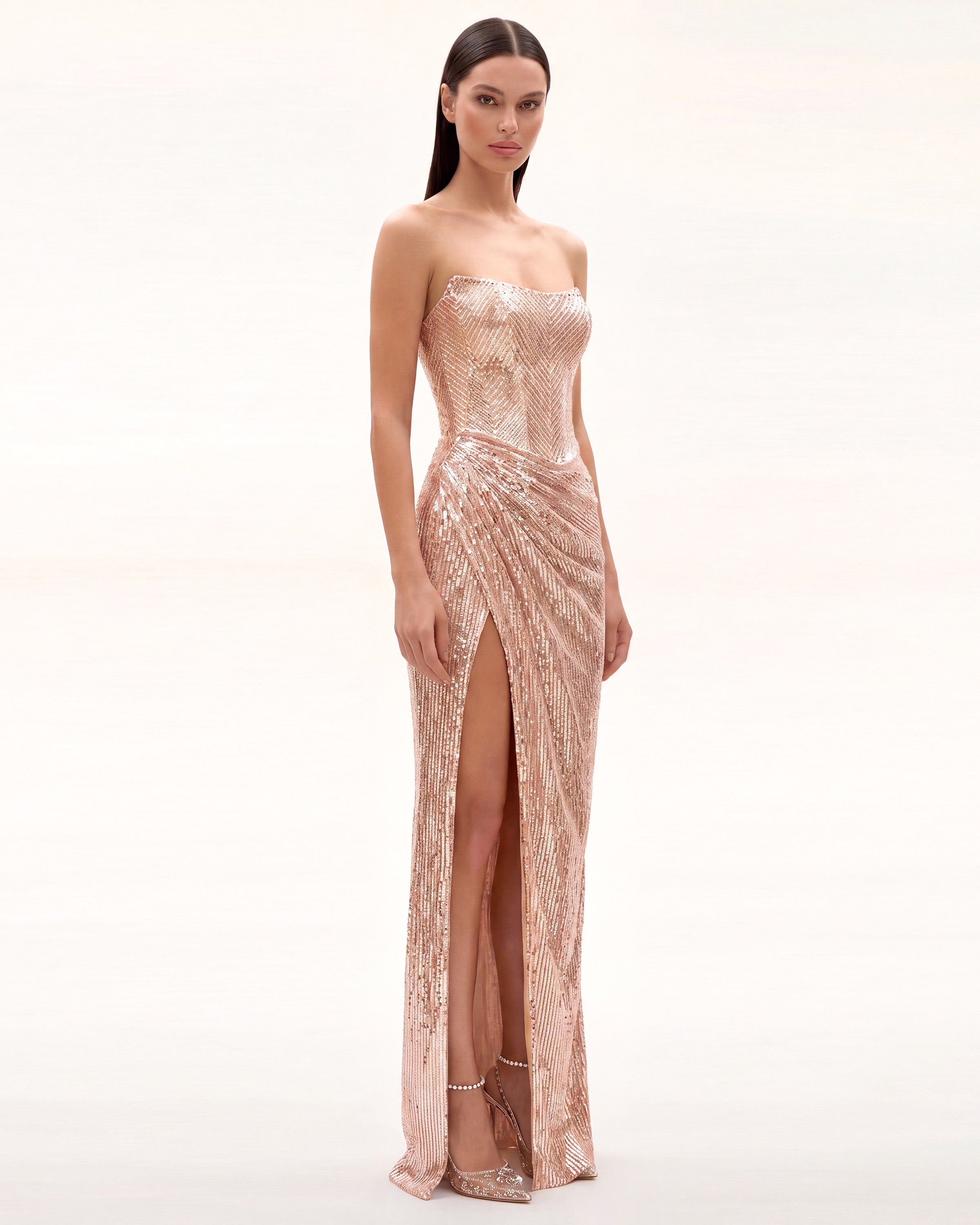 Gaia Sequin Evening Gown Rose Gold