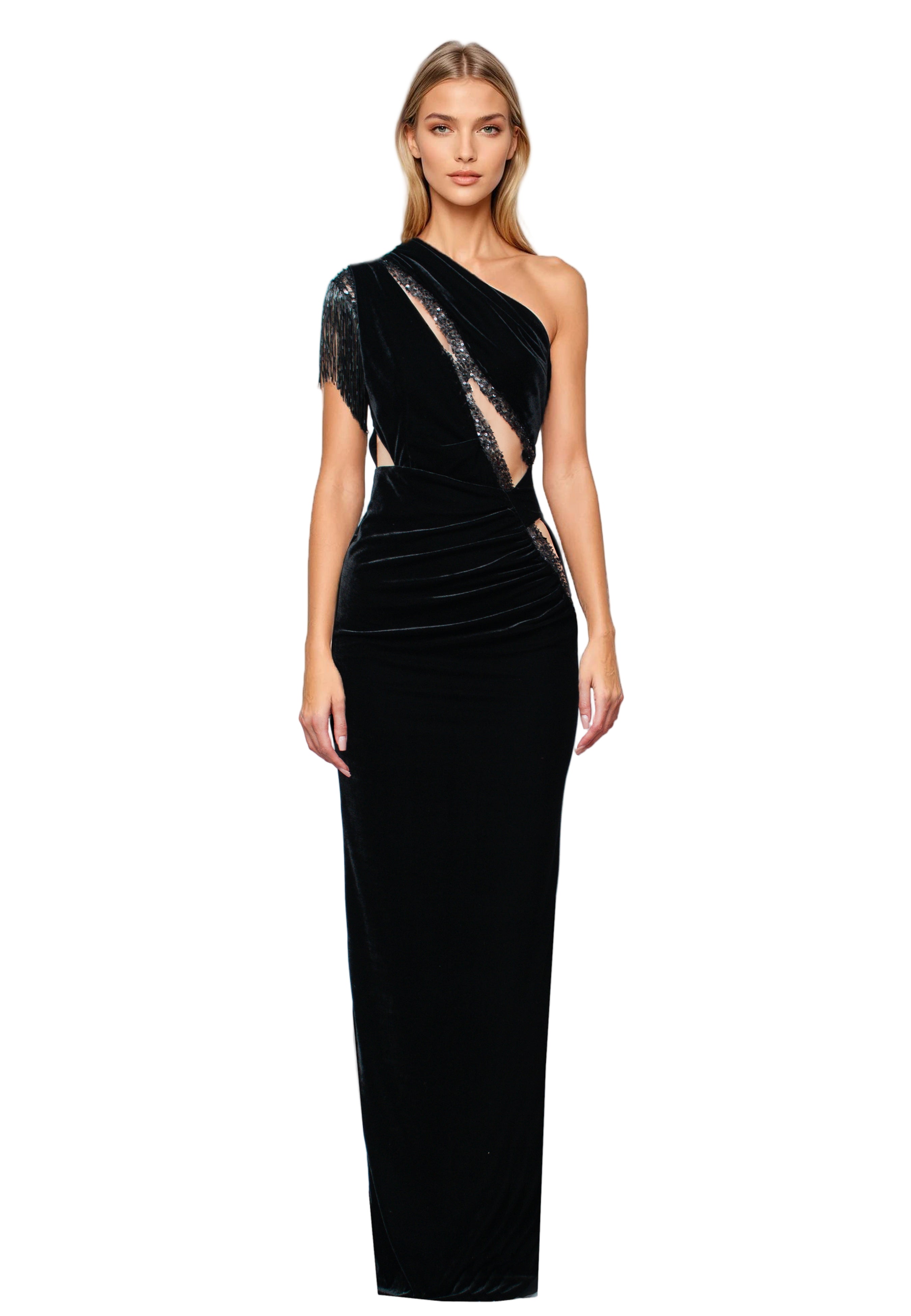 Velvet Asymetric Gown With Emebllishments