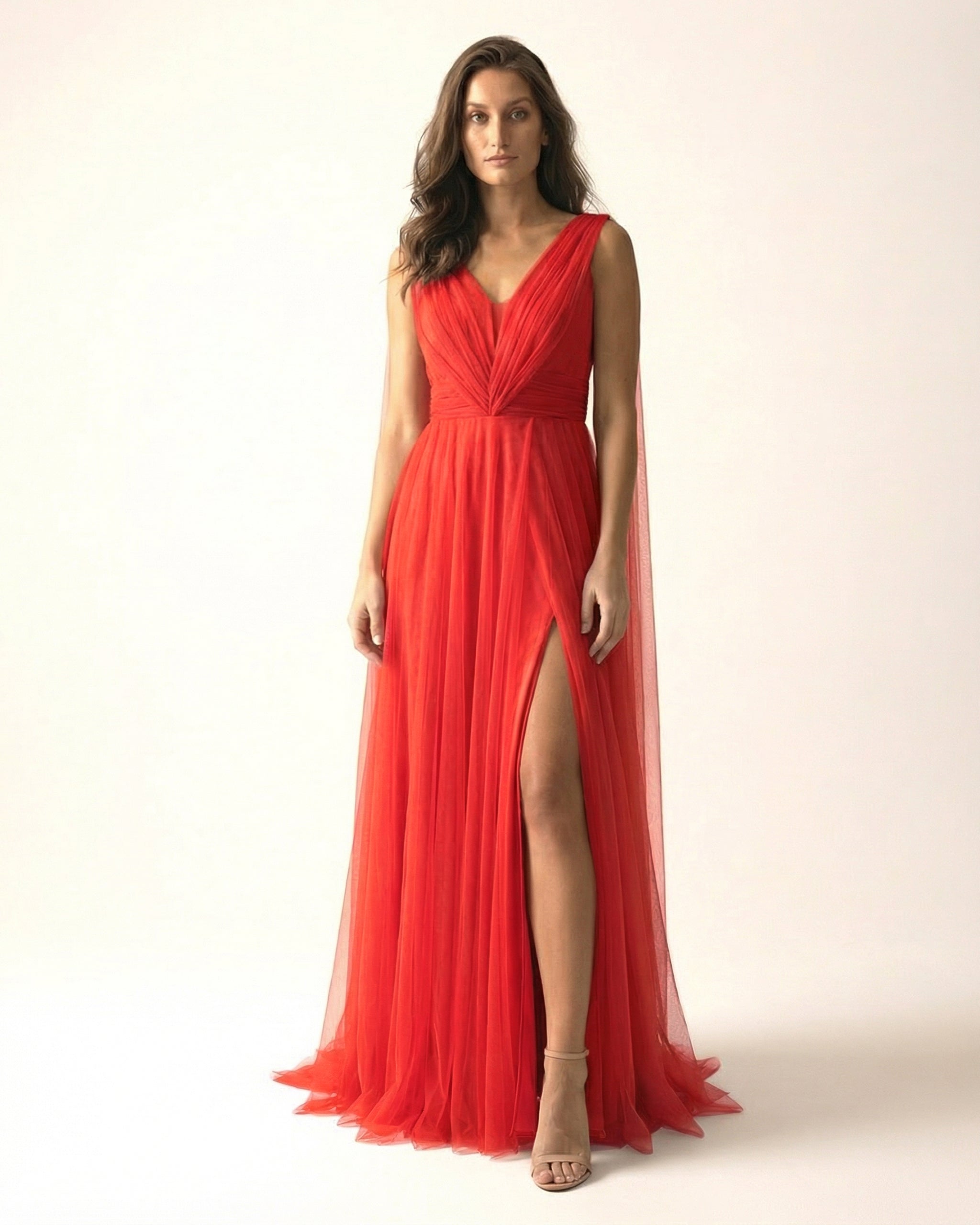 Tiulowa Suknia Wieczorowa Terracotta Czerwona