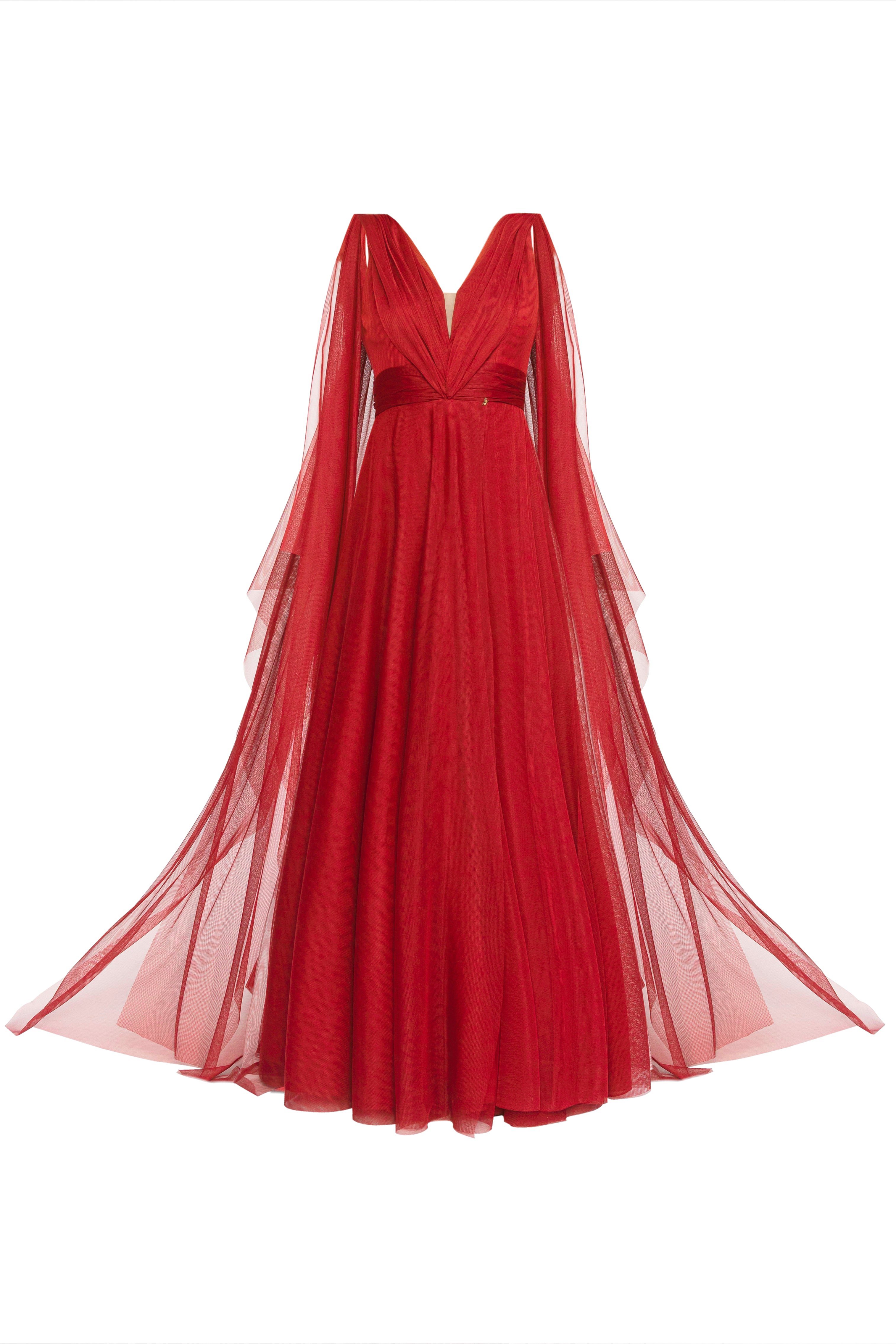 Tiulowa suknia wieczorowa z terakoty w kolorze czerwonym