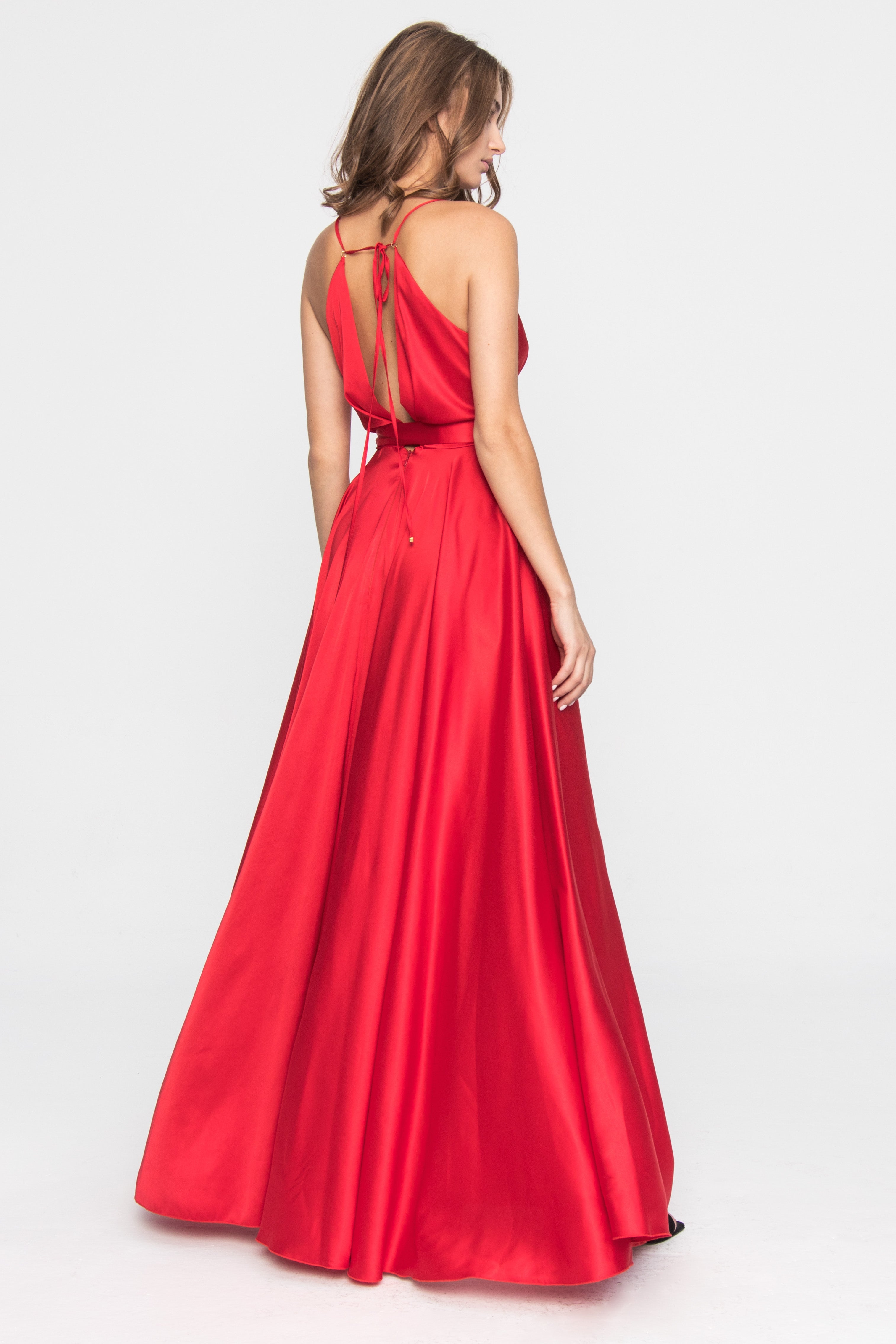 Satin Long Dress Tied back Red